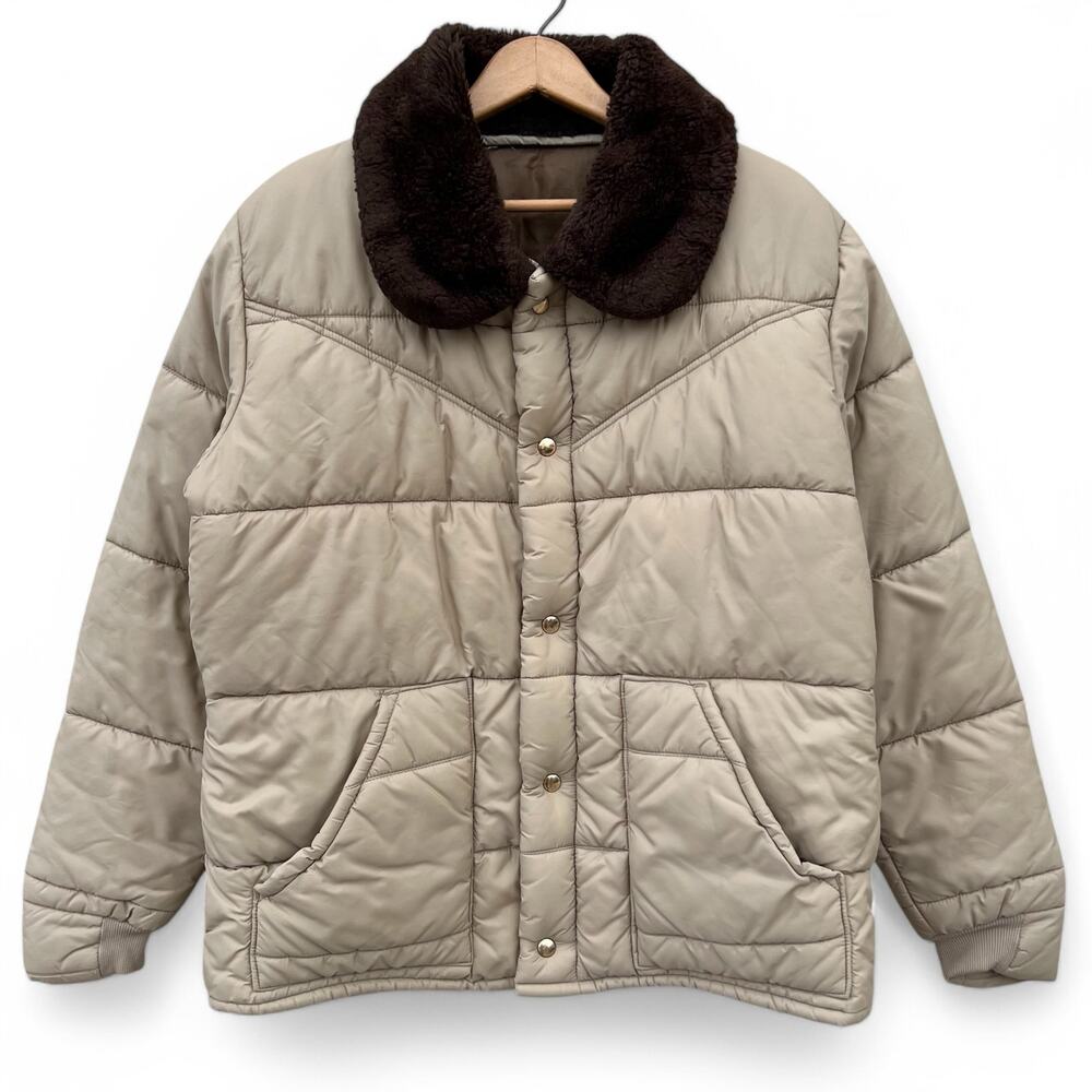 Vintage Western Puffer Jacket Tan Faux Fur Sherpa Collar Ski Coat Outdoor Ranch